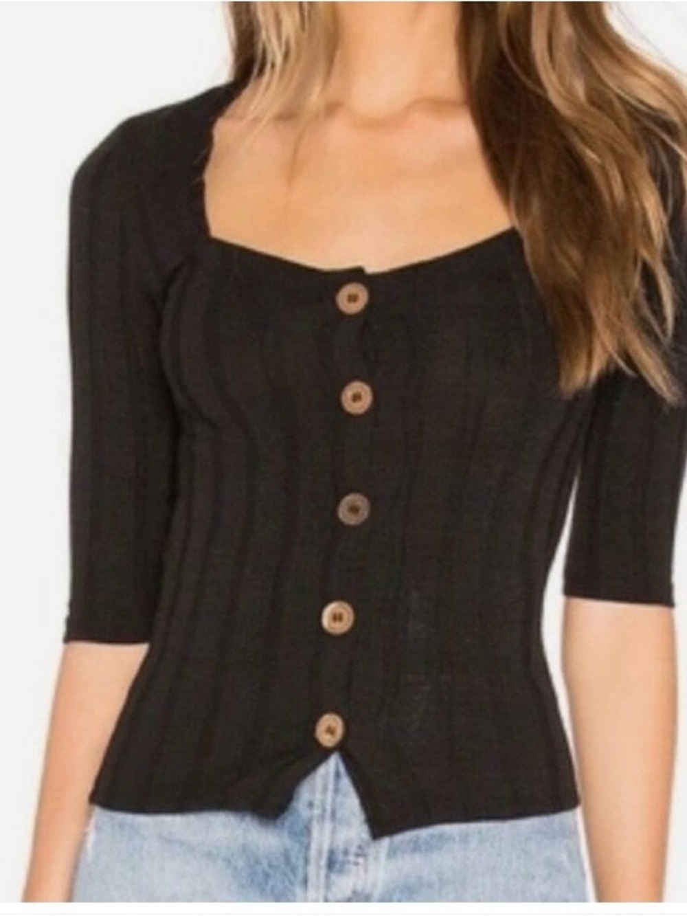 Free People Black Ribbed Square Neck Button Front Top